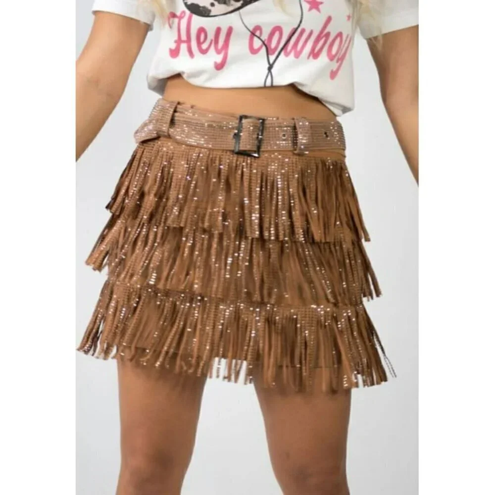 *PLUS ONLY* Spotlight Stealer Rhinestone Fringe Mini Skort Camel - Picture 7 of 10